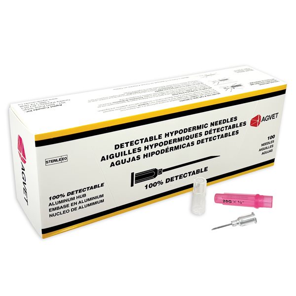 Aiguilles détectables AGVET AH, 20 g x 1 / 2'' - bte / 100