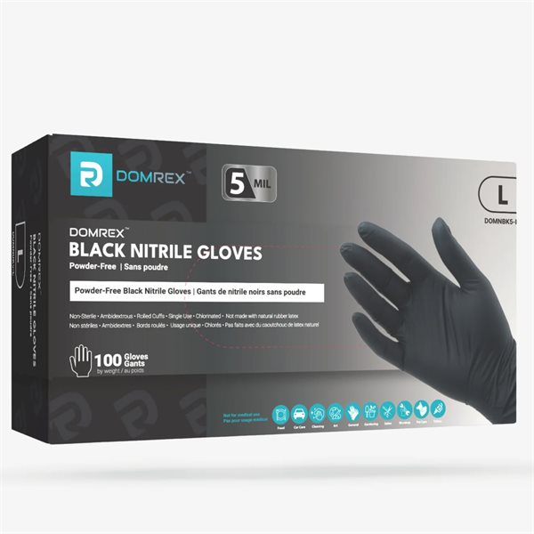 Gants nitrile DOMREX noir 5 mil. sans poudre (L) - bte / 100